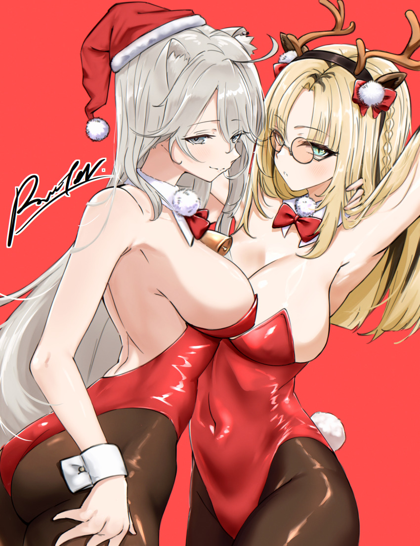 2girls absurdres ahoge animal_ear_fluff animal_ear_piercing animal_ears antlers backless_leotard bare_shoulders bell black_hair black_pantyhose blonde_hair blunt_ends bow bowtie braid breasts cleavage closed_mouth commentary covered_navel curtained_hair detached_collar fake_antlers fake_tail fur-trimmed_headwear fur_trim green_eyes grey_eyes hat highleg highleg_leotard highres hololive hololive_dev_is horns koganei_niko large_breasts leotard lion_ears long_hair looking_at_viewer median_furrow multicolored_hair multiple_girls neck_bell pantyhose parted_bangs parted_lips playboy_bunny pom_pom_(clothes) rabbit_tail red_background red_bow red_bowtie red_hat red_leotard reindeer_antlers round_eyewear santa_hat shishiro_botan side_braid sideboob simple_background slit_pupils smile straight_hair strapless strapless_leotard streaked_hair sunglasses swept_bangs tail traditional_bowtie very_long_hair virtual_youtuber wrist_cuffs zexalmike