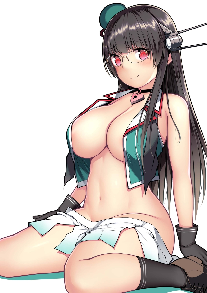 1girl absurdres black_gloves black_hair black_socks breasts brown_footwear choukai_(kancolle) choukai_kai_ni_(kancolle) cleavage damaged glasses gloves headgear highres kantai_collection kuromayu large_breasts loafers long_hair looking_at_viewer navel red_eyes rimless_eyewear shoes simple_background sitting socks solo torn_clothes wariza white_background