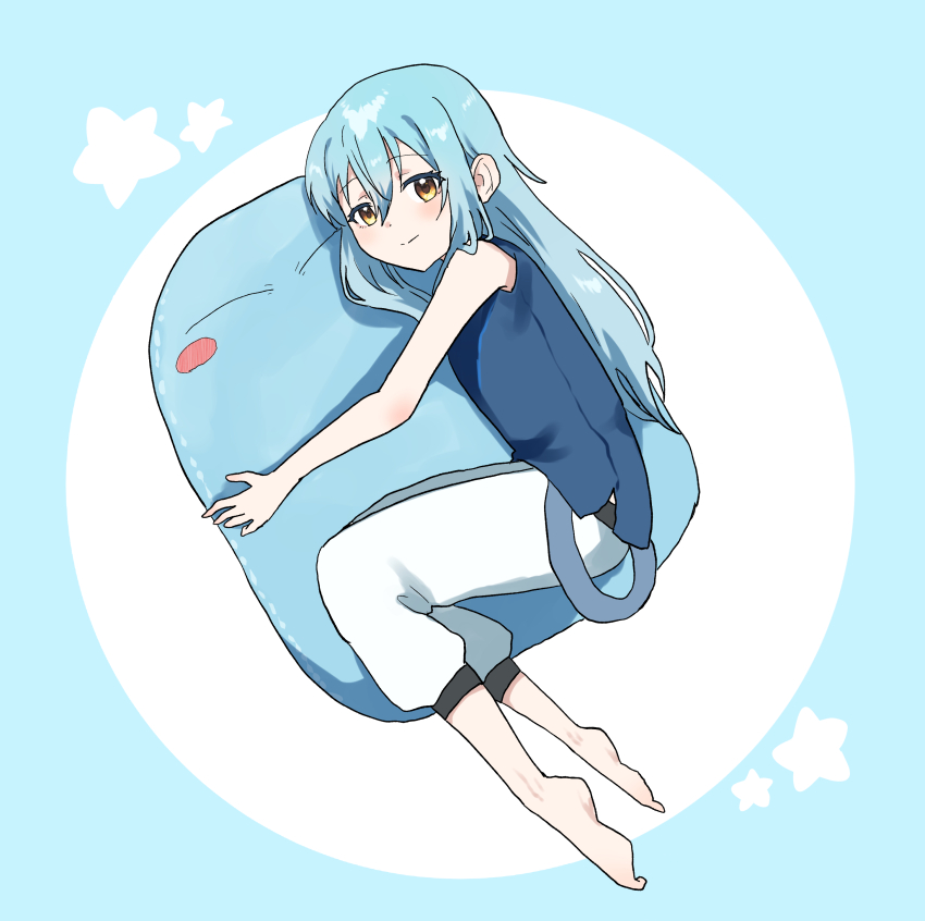 1other absurdres barefoot blue_background blue_hair blue_shirt blush chocoeiru closed_mouth commentary_request full_body highres hugging_object looking_at_viewer pants pillow rimuru_tempest rimuru_tempest_(slime) shirt sleeveless sleeveless_shirt smile solo star_(symbol) tensei_shitara_slime_datta_ken white_background white_pants yellow_eyes