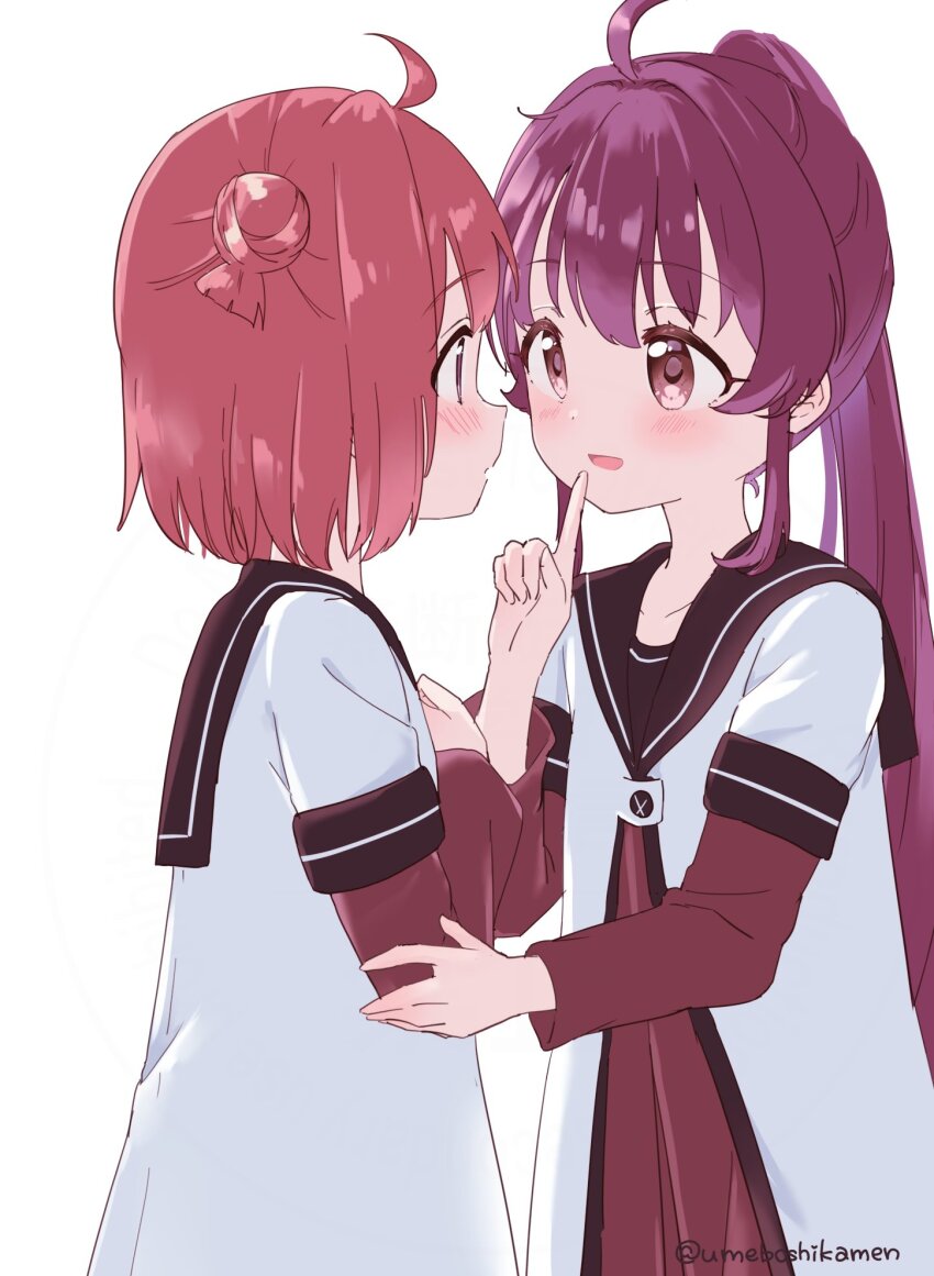 2girls :d ahoge akaza_akari blush brown_sailor_collar collarbone commentary_request double_bun dress hair_between_eyes hair_bun highres layered_sleeves long_sleeves looking_at_another mearian medium_hair multiple_girls nanamori_school_uniform open_mouth ponytail purple_eyes purple_hair red_dress sailor_collar school_uniform shirt short_over_long_sleeves short_sleeves sidelocks simple_background smile sugiura_ayano twitter_username white_background white_shirt yuri yuru_yuri