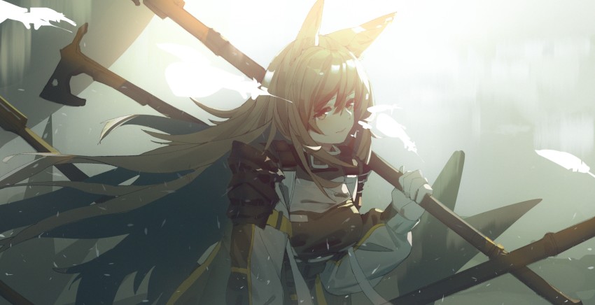 1girl absurdres animal_ears arknights brown_hair ceobe_(arknights) coat dog_ears dog_girl dog_tail hair_between_eyes highres holding holding_weapon loftcat long_hair simple_background solo tail very_long_hair weapon