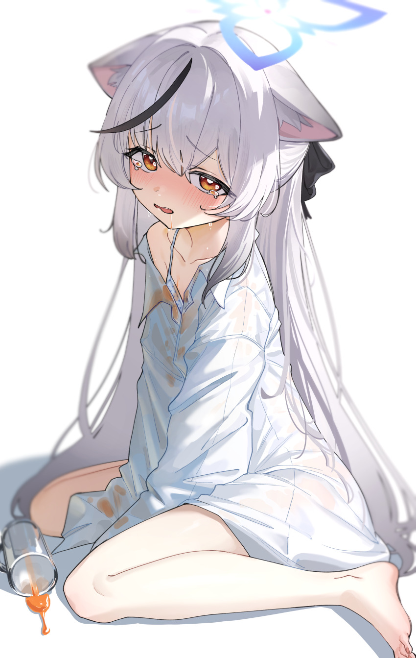 1girl absurdres accident animal_ear_fluff animal_ears bare_legs barefoot black_hair blue_archive blush bongnom bra collared_shirt crying crying_with_eyes_open cup grey_hair halo highres kokona_(blue_archive) long_sleeves looking_at_viewer messy multicolored_hair no_pants open_mouth oversized_clothes oversized_shirt shirt simple_background sitting solo stain stained_clothes streaked_hair tears tiger_ears tiger_girl underwear wariza wet white_background white_shirt yellow_eyes