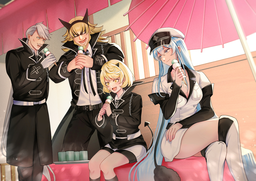 1girl 3boys :d absurdres akame_ga_kill! belt black_belt black_hairband black_jacket black_pants blonde_hair blue_eyes boots breasts cleavage coat cup daidara_(akame_ga_kill!) demon_horns demon_tail dress_shirt esdeath facial_hair fake_horns food goatee grey_hair hairband highres holding holding_food holding_ice_cream horns ice_cream ice_cream_cone jacket large_breasts liver_(akame_ga_kill!) long_hair long_sleeves looking_at_another lower_teeth_only multiple_boys mustache no_pupils nyau_(akame_ga_kill!) open_clothes open_coat open_mouth pants shirt short_hair sitting smile steam tail teeth toukaairab white_footwear white_shirt yellow_eyes