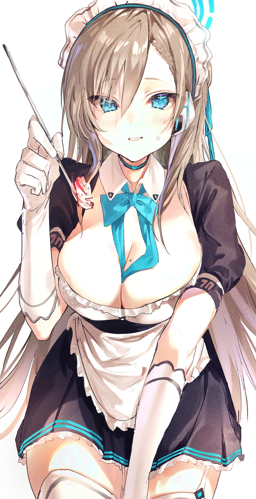 1girl absurdres asuna_(blue_archive) blue_archive blue_eyes blush breasts brown_hair cleavage food garter_straps gloves grin highres huge_filesize irohatomo long_hair looking_at_viewer maid maid_headdress mole mole_on_breast simple_background smile solo spoon thighhighs white_background white_gloves white_thighhighs