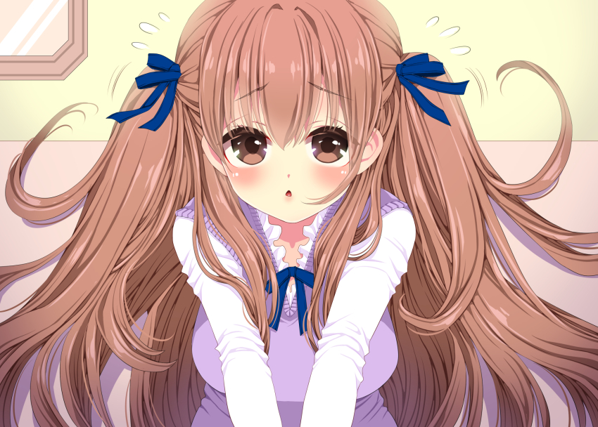 1girl big_hair blue_ribbon blush breasts brown_eyes brown_hair chestnut_mouth commentary_request flying_sweatdrops hair_between_eyes hair_ribbon highres large_breasts long_hair long_sleeves looking_at_viewer mirror neck_ribbon original outstretched_arms parted_lips ribbon shirt sidelocks solo suzune_rai sweater_vest two_side_up upper_body very_long_hair white_shirt