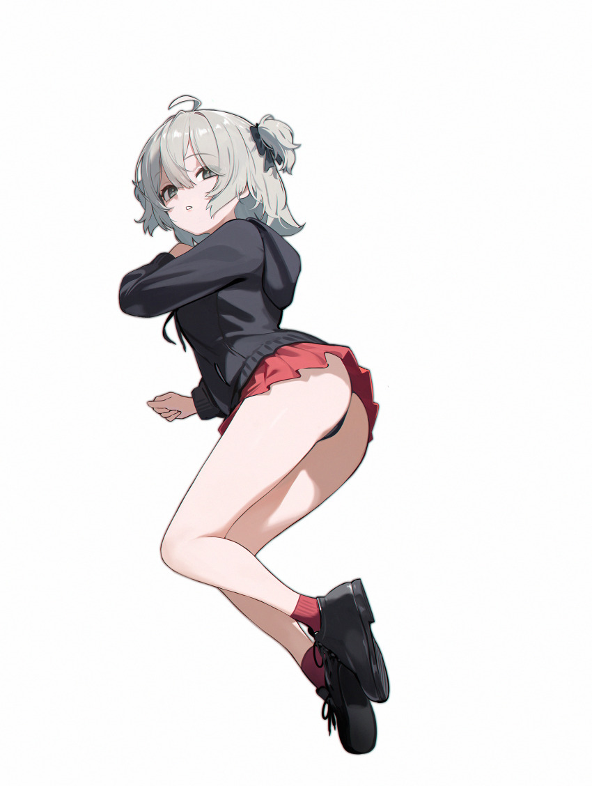 1girl absurdres ass bare_legs black_footwear black_hoodie blush from_behind full_body grey_hair highres hood hoodie long_sleeves looking_at_viewer looking_back miniskirt original panties pantyshot pleated_skirt red_skirt school_uniform short_hair simple_background skirt solo starcat two_side_up underwear white_background