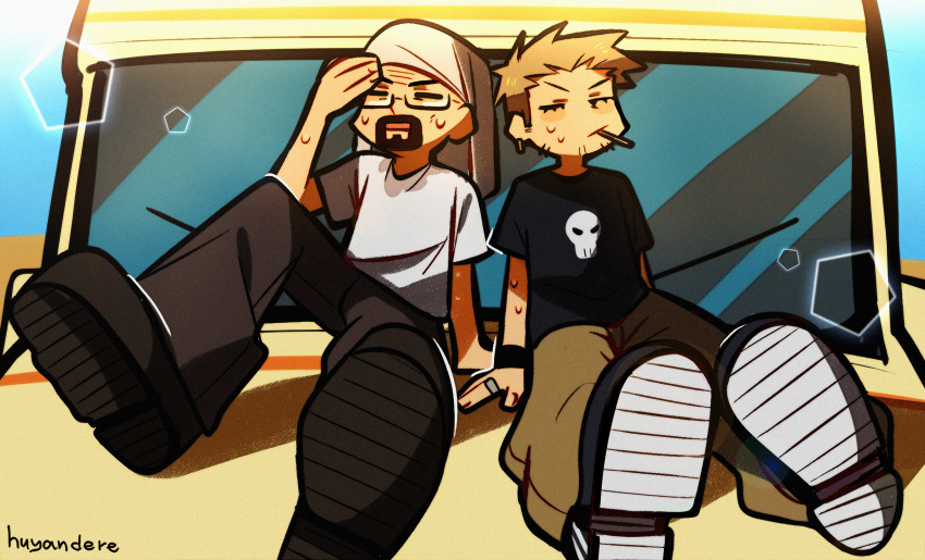 2boys blonde_hair breaking_bad facial_hair goatee highres huyandere jesse_pinkman jewelry male_focus multiple_boys pants panty_&amp;_stocking_with_garterbelt parody ring shirt shoes style_parody sweat t-shirt walter_white