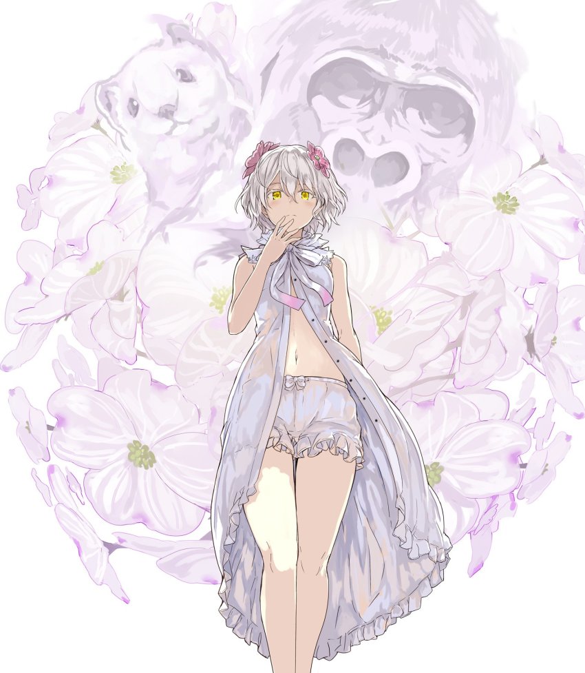 1girl bare_shoulders bloomers closed_mouth commentary dogwood_(flower) dress feet_out_of_frame floral_background flower flower_request from_below gorilla hair_between_eyes hair_flower hair_ornament hamster hand_to_own_mouth highres kudou_chitose legs looking_at_viewer navel nijisanji open_clothes pink_flower ribbon shibano_kaito short_hair sleeveless solo standing stomach thighs underwear virtual_youtuber wavy_hair white_background white_dress white_hair white_ribbon yellow_eyes