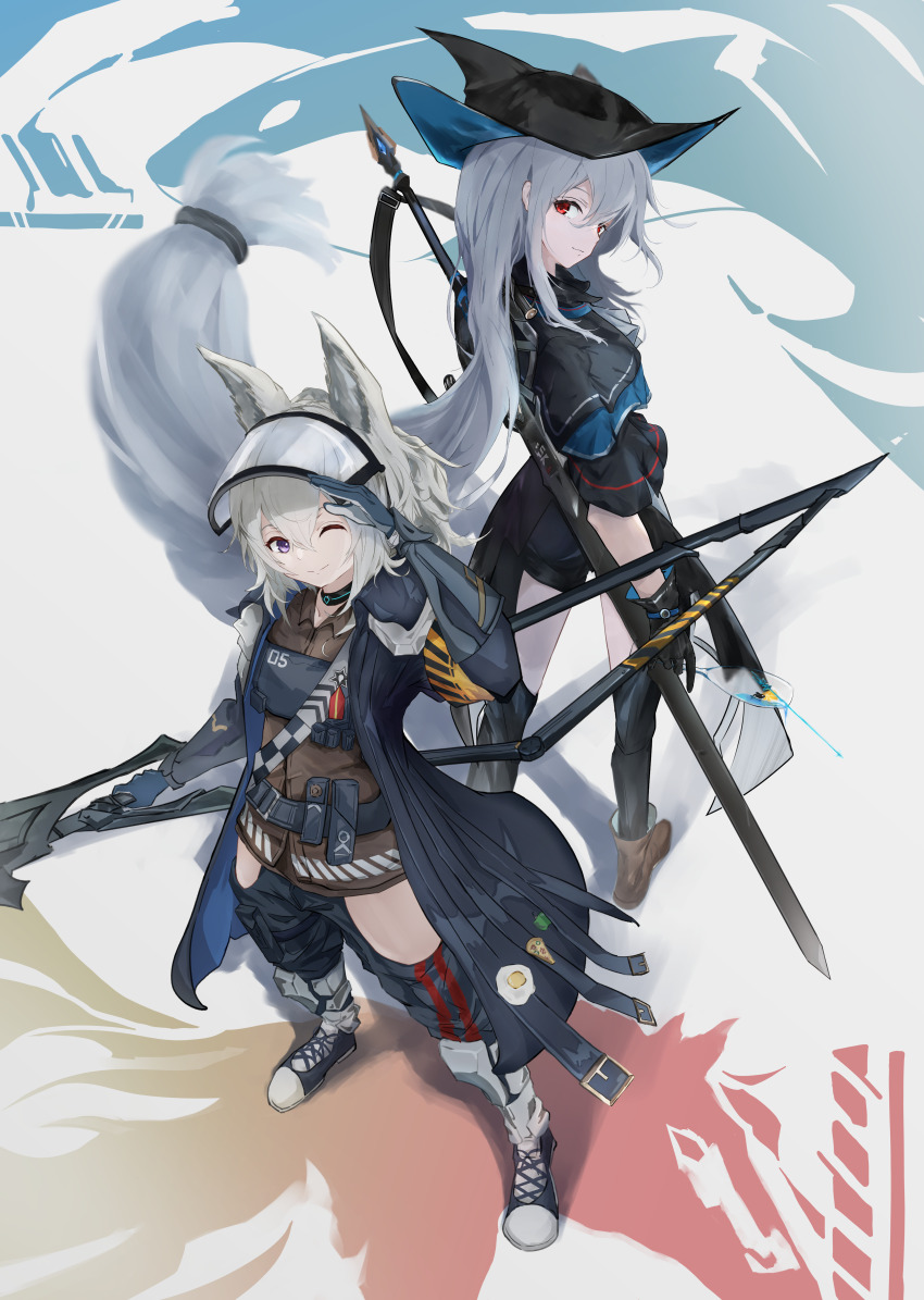 2girls absurdres animal_ears arknights armor black_gloves black_headwear black_pants blue_coat blue_eyes blue_pants boots breasts brown_footwear brown_shirt capelet coat collared_shirt cup glass gloves grani_(arknights) greaves grey_hair hair_between_eyes hat highres holding holding_cup horse_ears long_hair looking_at_viewer looking_back medium_breasts multiple_girls okawari_(ryopon) one_eye_closed open_clothes open_coat open_mouth pants ponytail red_eyes salute shirt shoes skadi_(arknights) small_breasts smile sneakers standing sword weapon weapon_on_back white_background