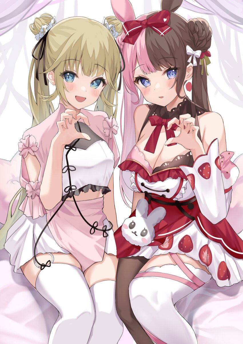 2girls absurdres aqua_eyes asymmetrical_legwear bare_shoulders black_collar black_hair black_ribbon black_thighhighs blue_eyes bow bowtie breasts cleavage collar detached_collar double_bun dress hair_bow hair_bun hair_ribbon hanabusa_lisa hanabusa_lisa_(3rd_costume) hand_up heart heart_hands heart_hands_duo highres large_breasts long_hair long_sleeves looking_at_viewer medium_breasts mismatched_legwear multicolored_hair multiple_girls open_mouth parted_lips pink_dress pink_hair red_bow red_bowtie ribbon short_sleeves sidelocks smile tachibana_hinano_(4th_costume) tachibana_hinano_(vtuber) thighhighs tihayasan-ktkr virtual_youtuber vspo! white_dress white_thighhighs