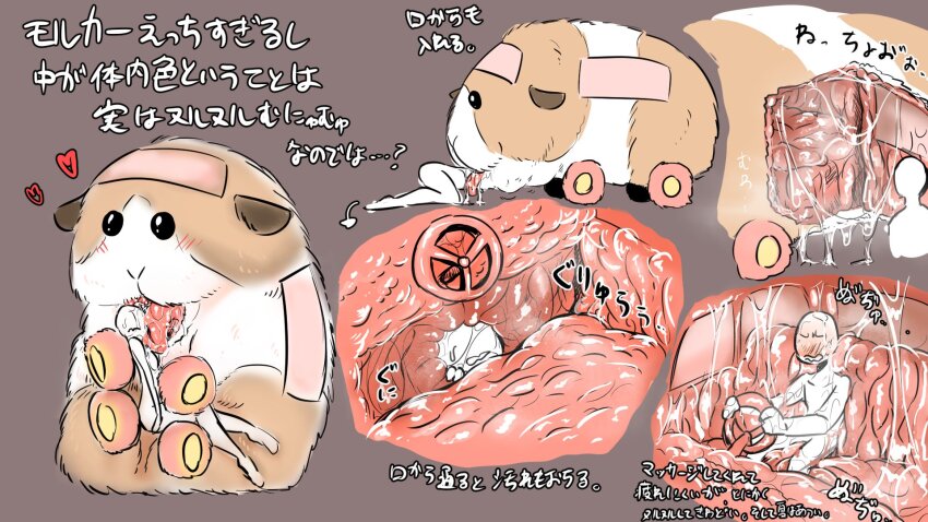 1other black_eyes blush brown_fur cross-section drooling grey_background guinea_pig heart highres licking potato_(pui_pui_molcar) pui_pui_molcar saliva simple_background sitting sn_njm tongue tongue_out translation_request vore what white_fur