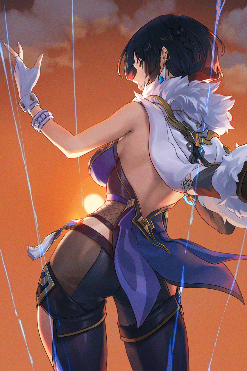 1girl backless_outfit black_pants bracelet breasts brown_hair coat coat_on_shoulders contrapposto cowboy_shot ear_piercing fingerless_gloves from_behind genshin_impact gloves highres jewelry medium_breasts nooo orange_background pants piercing short_hair sideboob solo standing white_gloves yelan_(genshin_impact)