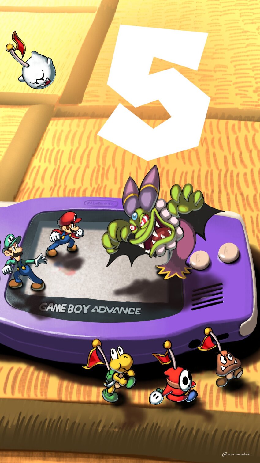 artist_name blue_footwear blue_overalls boo_(mario) brown_footwear cackletta captain_boo captain_goomba captain_koopa_troopa captain_shy_guy facial_hair game_boy_advance ghost gloves goomba handheld_game_console hat highres koopa_troopa luigi maribou_(supermaribou) mario mario_&amp;_luigi:_superstar_saga mario_&amp;_luigi_rpg mario_(series) mustache nintendo overalls red_hat red_shirt shadow shirt shy_guy white_gloves white_mask