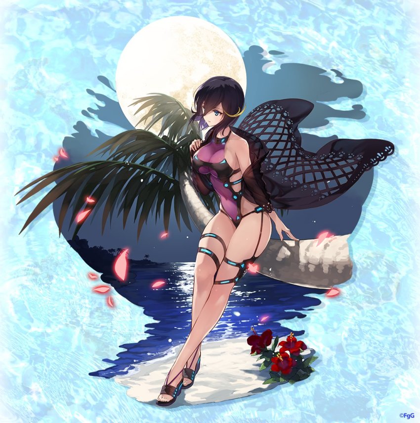 artemis_(phantom_of_the_kill) beach black_hair black_killers_(phantom_of_the_kill) blonde_hair blue_background blush breasts company_name falling_leaves flower full_body green_eyes hair_between_eyes large_breasts leaf moon moonlight multicolored_hair night night_sky ocean official_art one-piece_swimsuit palm_tree petals phantom_of_the_kill rinzo sandals shore short_hair sky star_(sky) starry_sky swimsuit tree