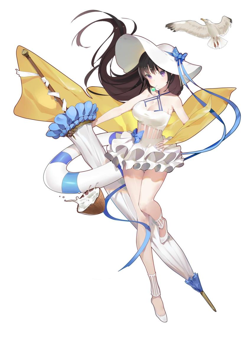 1girl bad_id bad_pixiv_id bare_shoulders bird black_hair coconut dress full_body hand_on_own_hip hat highres iron_saga long_hair parasol purple_eyes seagull sleeveless sleeveless_dress solo sophia_(iron_saga) t_lege_d umbrella very_long_hair white_background white_dress