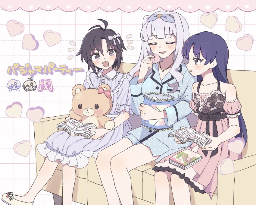 +_+ 3girls antenna_hair black_hair black_ribbon blue_hair blue_pajamas blunt_bangs blush book breast_pocket breasts closed_eyes collar collarbone collared_pajamas couch curtained_hair detached_sleeves dot_nose dress eating floral_print food forehead frilled_pajamas frills grey_hair grid_background hair_ribbon halterneck head_only heart highres holding holding_book idolmaster idolmaster_(classic) idolmaster_million_live! idolmaster_million_live!_theater_days kikuchi_makoto kisaragi_chihaya large_breasts layered_dress long_hair long_sleeves marshmallow multiple_girls official_alternate_costume on_couch open_book open_mouth pajamas parted_bangs pink_pajamas pnt_0202 pocket polka_dot polka_dot_pajamas puffy_detached_sleeves puffy_sleeves purple_pajamas ribbon rose_print sexy_beautiful_(idolmaster) shijou_takane short_hair sidelocks sitting small_breasts straight_hair stuffed_animal stuffed_toy teddy_bear translation_request v-shaped_eyebrows very_long_hair waist_ribbon wavy_hair white_collar white_footwear