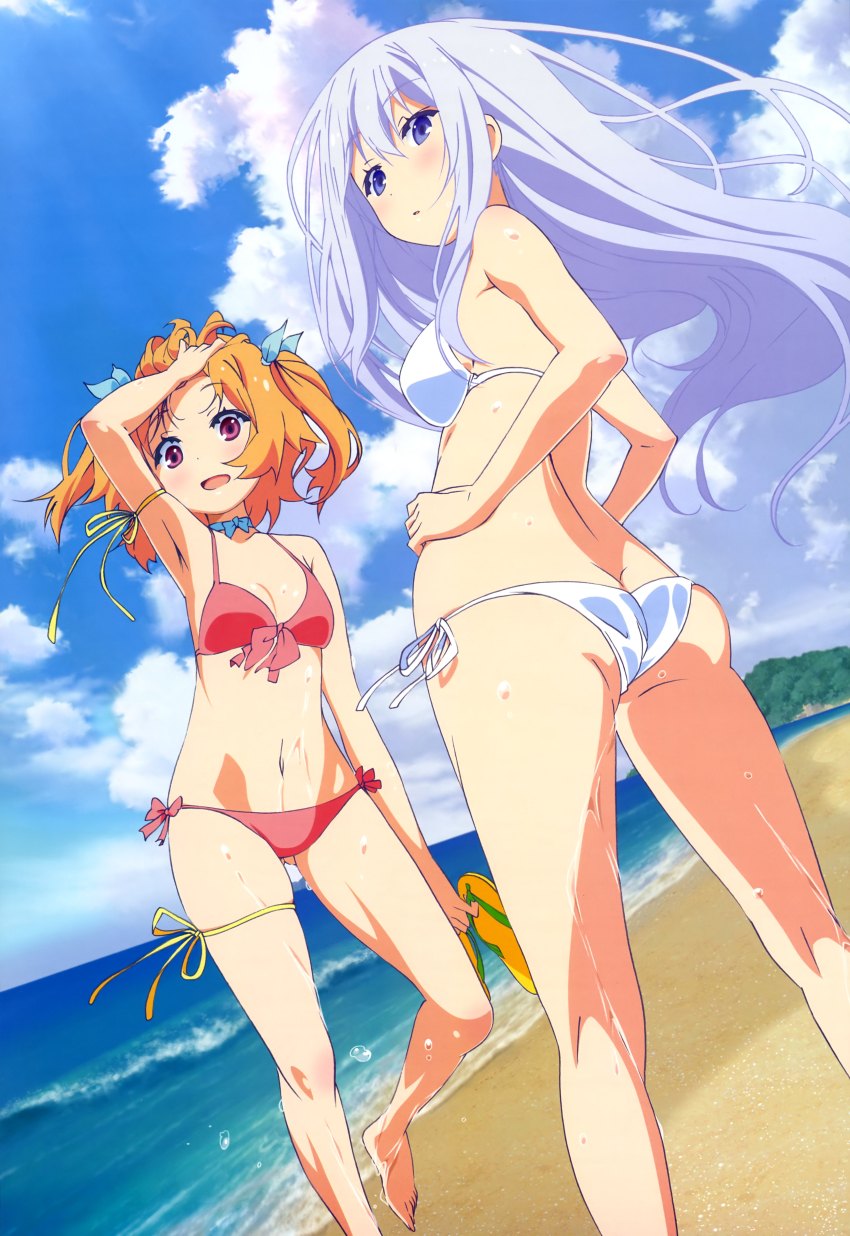 10s 2girls :d a-1_pictures absurdres arm_up armpits ass beach bikini blue_eyes choker cloud day dutch_angle flip-flops from_behind front-tie_top hair_ribbon harusaki_chiwa highres kneepits leg_ribbon legs long_hair multiple_girls natsukawa_masuzu navel non-web_source ocean open_mouth orange_hair ore_no_kanojo_to_osananajimi_ga_shuraba_sugiru outdoors pink_eyes ribbon ribbon_choker ruffling_hair sandals scan short_hair side-tie_bikini_bottom side_ponytail silver_hair sky smile swimsuit thigh_ribbon two_side_up unworn_sandals very_long_hair water wet