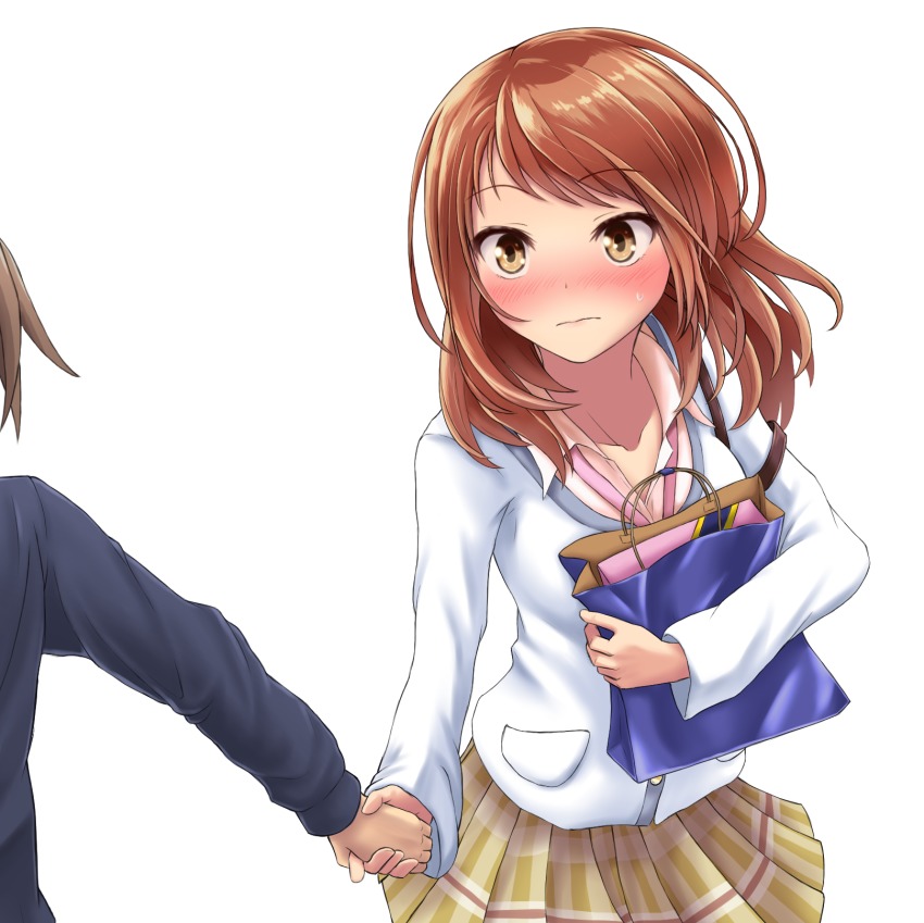 10s 1boy 1girl bag blush brown_eyes brown_hair brown_skirt closed_mouth embarrassed hair_ornament holding_hands hetero highres houjou_karen idolmaster idolmaster_cinderella_girls long_hair long_sleeves majrise pleated_skirt school_uniform shopping_bag simple_background skirt white_background