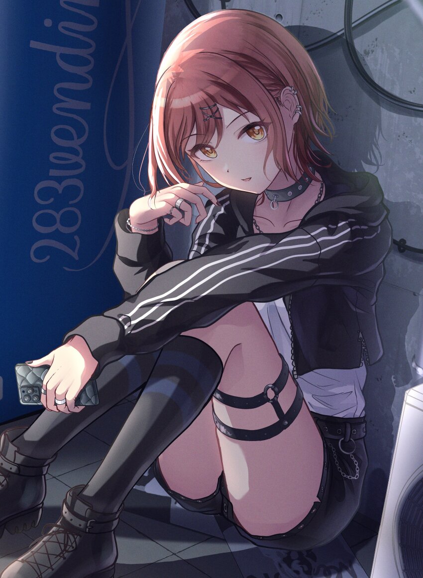 1girl absurdres barbell_piercing black_choker black_jacket black_nails black_shorts black_socks blush bracelet cellphone choker citrusmikan collarbone cropped_jacket ear_piercing earrings hair_ornament hairclip highres holding holding_phone hood hooded_track_jacket idolmaster idolmaster_shiny_colors industrial_piercing jacket jewelry kneehighs long_sleeves looking_at_viewer multiple_piercings nail_polish necklace o-ring o-ring_choker official_alternate_costume official_alternate_hair_length official_alternate_hairstyle open_clothes open_jacket open_mouth osaki_amana phone piercing pixie_cut red_hair ring shirt short_hair shorts sitting smartphone smile socks solo swept_bangs thigh_strap track_jacket white_shirt x_hair_ornament yellow_eyes