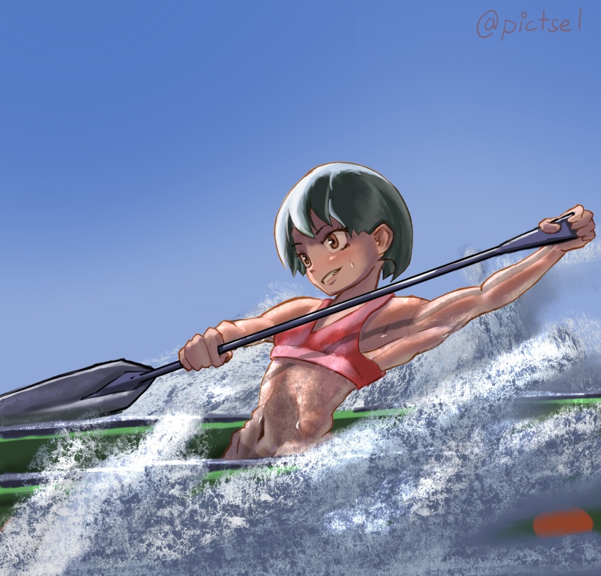 1girl abs absurdres armpits artist_name bare_shoulders bikini blue_sky blush boat breasts brown_eyes clear_sky commentary dark-skinned_female dark_skin dragon_boat dragon_boat_festival english_commentary eyelashes gradient_sky green_hair highres hip_bones holding holding_paddle looking_afar looking_ahead midriff muscular muscular_female navel on_boat on_vehicle original outdoors paddle paddling parted_lips pictsel red_bikini river short_hair signature sky small_breasts smile smirk solo splashing sweatdrop swimsuit tomboy twitter_username very_short_hair water watercraft