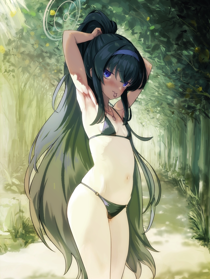 1girl adjusting_hair armpits arms_up bags_under_eyes bikini black_bikini black_hair blue_archive hairband halo highres long_hair looking_at_viewer mouth_hold navel o-ring o-ring_bikini o-ring_bottom official_alternate_costume oozumi_03 purple_eyes purple_hairband solo swimsuit ui_(blue_archive) ui_(swimsuit)_(blue_archive) yellow_halo