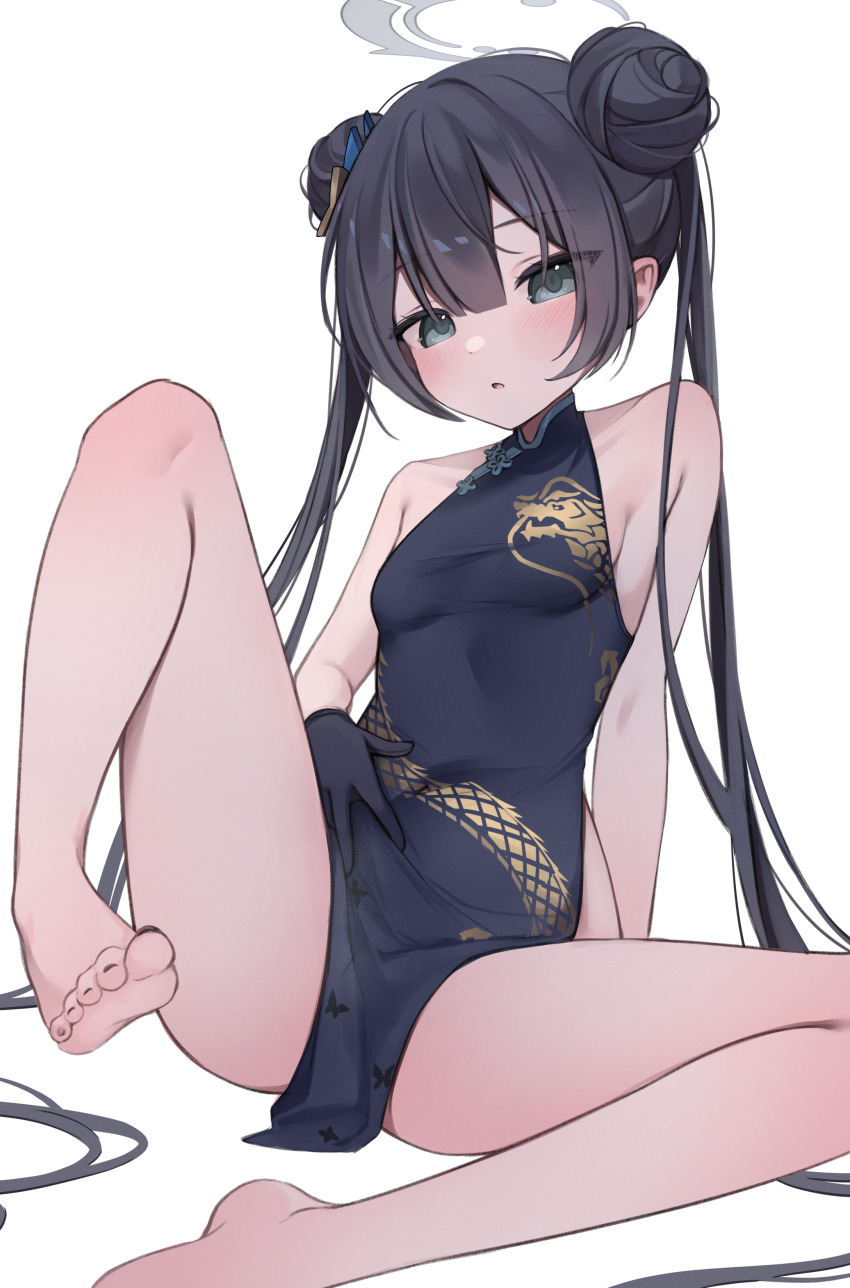 1girl absurdres barefoot black_hair blue_archive blush china_dress chinese_clothes double_bun dress feet grey_eyes hair_bun highres hiroside kisaki_(blue_archive) long_hair looking_at_viewer parted_lips soles toes