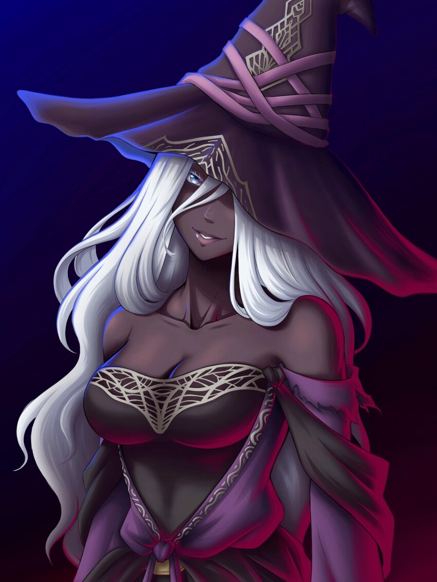 1girl absurdres bare_shoulders black_dress black_hat blue_eyes breasts cleavage commentary dark-skinned_female dark_skin dress elden_ring elden_ring_nightreign ememtrp english_commentary grin hat highres large_breasts large_hat long_hair looking_at_viewer one_eye_covered parted_lips pink_lips purple_dress recluse_(elden_ring) smile solo two-tone_dress very_long_hair white_hair witch witch_hat