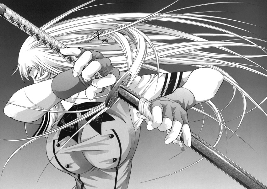 00s breasts chouun_shiryuu highres ikkitousen impossible_clothes impossible_shirt katana long_hair monochrome shiozaki_yuji shirt sword tagme weapon