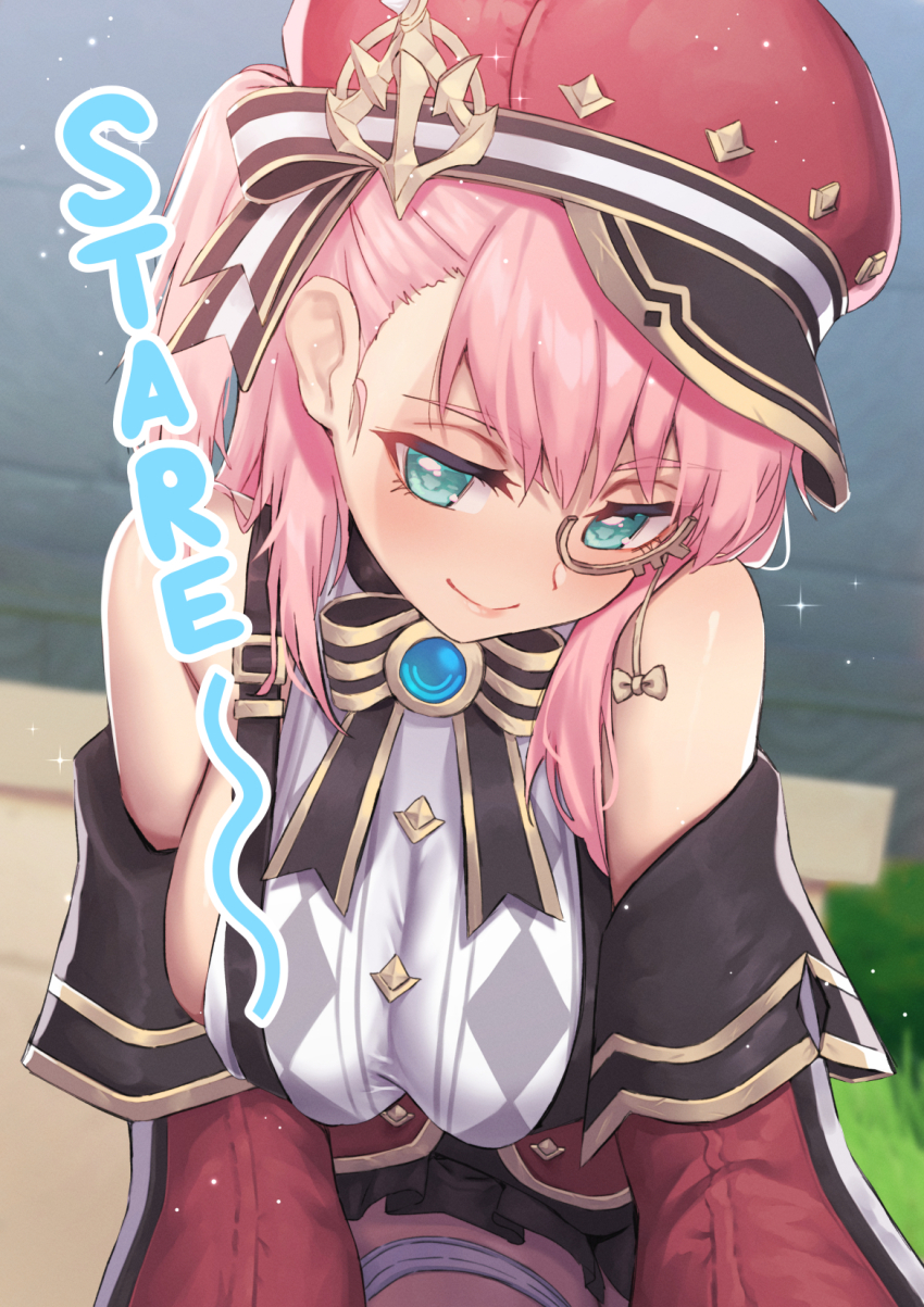 1girl aqua_eyes bare_shoulders blush breasts cabbie_hat charlotte_(genshin_impact) genshin_impact half-closed_eyes hat highres kangbus large_breasts pink_hair red_hat sideboob smile solo