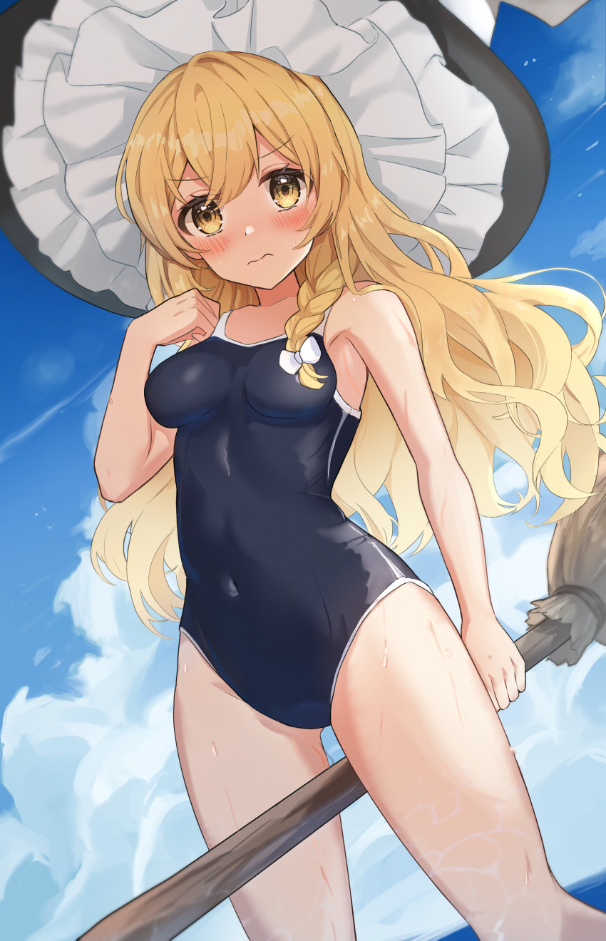 1girl absurdres alternate_costume blonde_hair blue_sky blush bow braid breasts broom closed_mouth cloud commentary_request covered_navel day hair_bow hat highres holding holding_broom kirisame_marisa long_hair looking_at_viewer school_swimsuit side_braid single_braid sky solo swimsuit touhou wheat_retzel white_bow witch_hat yellow_eyes