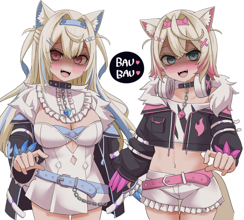 2girls animal_ear_fluff animal_ears bandaid bandaid_hair_ornament belt belt_collar black_collar black_jacket blonde_hair blue_belt blue_eyes blue_hair blush breasts claw_(weapon) cleavage collar cropped_jacket cropped_shirt dog_ears dog_girl dog_tail dress fangs frilled_shorts frills fur-trimmed_jacket fur_trim fuwawa_abyssgard fuwawa_abyssgard_(1st_costume) hair_ornament hairpin headphones headphones_around_neck highres hololive hololive_english jacket large_breasts long_hair looking_at_viewer mococo_abyssgard mococo_abyssgard_(1st_costume) multicolored_hair multiple_girls natsume_mina navel open_mouth pink_belt pink_eyes pink_hair shirt short_hair shorts siblings sisters small_breasts smile spiked_collar spikes streaked_hair tail twins two_side_up virtual_youtuber weapon white_dress white_shirt white_shorts x_hair_ornament