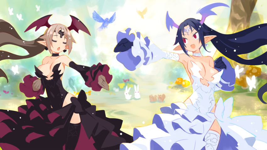 2girls bird black_dress black_hair breasts bug butterfly demon_girl detached_sleeves disgaea dress earrings frilled_dress frills gloves harada_takehito head_wings highres insect jewelry large_breasts long_hair makai_senki_disgaea_6 melodia_(disgaea) multiple_girls naive_(disgaea) official_art open_mouth outdoors pointy_ears rabbit red_eyes squirrel white_dress wide_sleeves wings