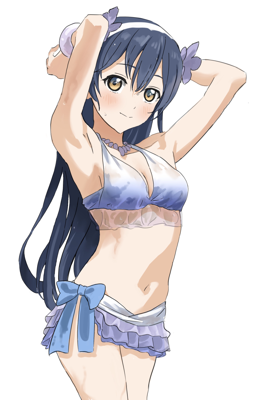 1girl absurdres armpits arms_up bangle bikini bikini_skirt blue_hair bracelet breasts cowboy_shot flower frilled_bikini frills hair_flower hair_ornament hibiscus highres jewelry long_hair looking_at_viewer love_live! love_live!_school_idol_project mog_mog_garyou natsuiro_egao_de_1_2_jump! navel simple_background solo sonoda_umi swept_bangs swimsuit white_background yellow_eyes