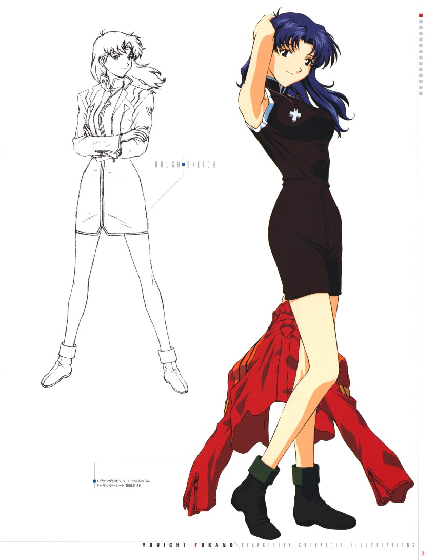 1girl absurdres artbook bare_legs black_dress breasts dress earrings fukano_youichi hand_in_own_hair highres holding holding_unworn_clothes holding_jacket holding_unworn_clothes jacket jewelry katsuragi_misato logo long_hair medium_breasts monochrome neon_genesis_evangelion official_art pendant purple_hair red_jacket scan smile solo standing thighs translation_request wide_hips