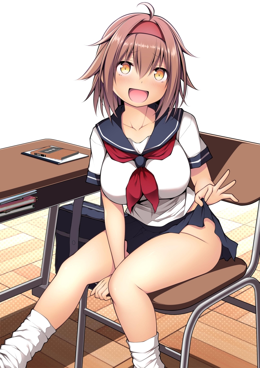 1girl absurdres bag black_sailor_collar black_skirt blush book breasts brown_hair chair collarbone desk feet_out_of_frame floor hair_between_eyes hairband highres kantai_collection kuromayu large_breasts looking_at_viewer neckerchief open_mouth pleated_skirt red_hairband red_neckerchief sailor_collar school_bag school_chair school_desk school_uniform serafuku shiratsuyu_(kancolle) short_hair short_sleeves sitting skirt smile socks solo textless_version white_socks yellow_eyes