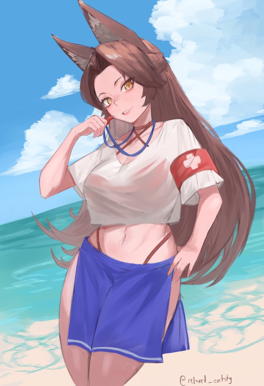 1girl absurdres animal_ear_fluff animal_ears armband bare_arms beach bikini bikini_under_clothes blue_sky breasts brown_hair cloud collarbone day dutch_angle fox_ears fox_girl half_updo hand_on_own_hip head_tilt highleg highleg_bikini highres holding holding_whistle indie_virtual_youtuber large_breasts long_hair midriff navel outdoors parted_bangs parted_lips red_bikini relaxed_entity saeko_kitsune see-through_clothes shirt short_sleeves sky smile solo swimsuit twitter_username virtual_youtuber water whistle whistle_around_neck white_shirt yellow_eyes