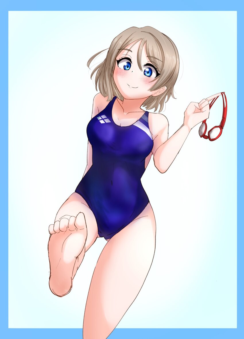 1girl blue_eyes breasts brown_hair competition_swimsuit goggles highres looking_at_viewer love_live! love_live!_sunshine!! medium_breasts one-piece_swimsuit short_hair simple_background solo swimsuit thighs watanabe_you wavy_hair yunite68