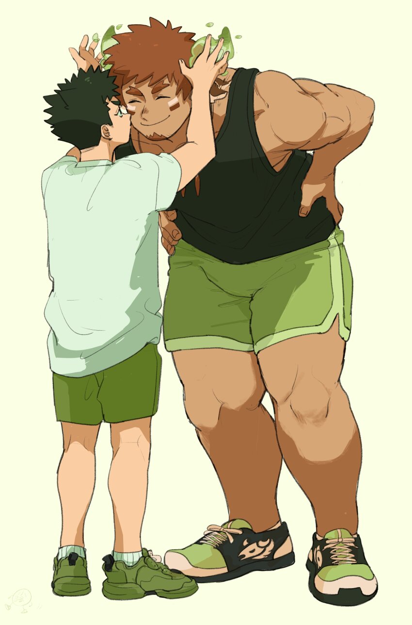 2boys absurdres animal_ears arms_up bara black_tank_top brown_hair closed_eyes closed_mouth cow_boy cow_ears cow_horns dark-skinned_male dark_skin eye_black facial_hair feather_necklace fiery_horns forked_eyebrows full_body glowing_horns goatee green_footwear green_shorts hands_on_own_hips highres horns jewelry koji_(ku_123k) leaning_forward male_focus multiple_boys muscular muscular_male necklace protagonist_1_(housamo) shirt shoes short_hair shorts simple_background smile sneakers spiked_hair tank_top thick_eyebrows tokyo_houkago_summoners wakan_tanka white_shirt yellow_background