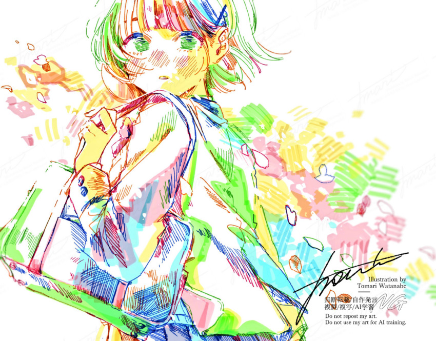 1girl artist_name bag blush colorful hatching_(texture) holding_strap long_sleeves looking_at_viewer looking_back original parted_lips petals procreate_(medium) school_bag short_hair shoulder_bag signature solo upper_body watanabe_tomari watermark white_background