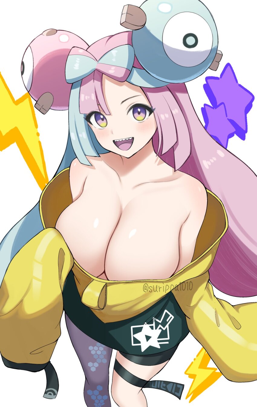 1girl bare_shoulders bellibolt blue_hair blush bow-shaped_hair breasts character_hair_ornament cleavage collarbone commentary_request creatures_(company) game_freak grey_pantyhose hair_ornament highres hood hoodie iono_(pokemon) large_breasts long_hair long_sleeves looking_at_viewer multicolored_eyes multicolored_hair nintendo off_shoulder open_mouth oversized_clothes pantyhose pink_hair pokemon pokemon_sv puffy_long_sleeves puffy_sleeves purple_eyes sharp_teeth simple_background single_leg_pantyhose sleeves_past_fingers sleeves_past_wrists smile solo standing surippa1010 teeth two-tone_hair white_background yellow_hoodie