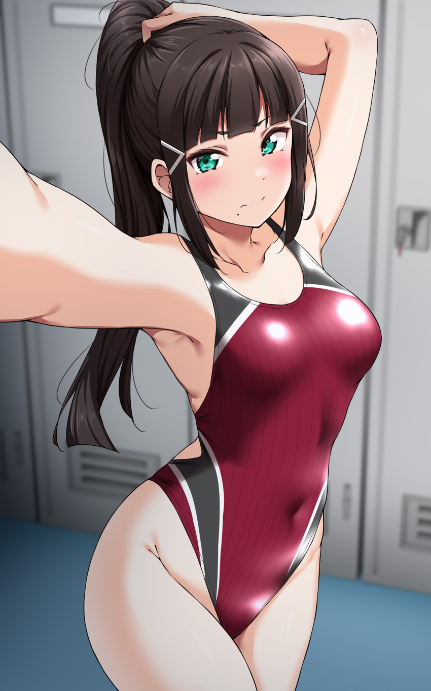 1girl armpits black_hair blush breasts closed_mouth collarbone commentary_request covered_navel green_eyes hair_ornament hairclip highleg highleg_one-piece_swimsuit highres kurosawa_dia large_breasts locker locker_room long_hair looking_at_viewer love_live! love_live!_sunshine!! mole mole_under_eye one-piece_swimsuit ponytail red_one-piece_swimsuit solo swimsuit yopparai_oni