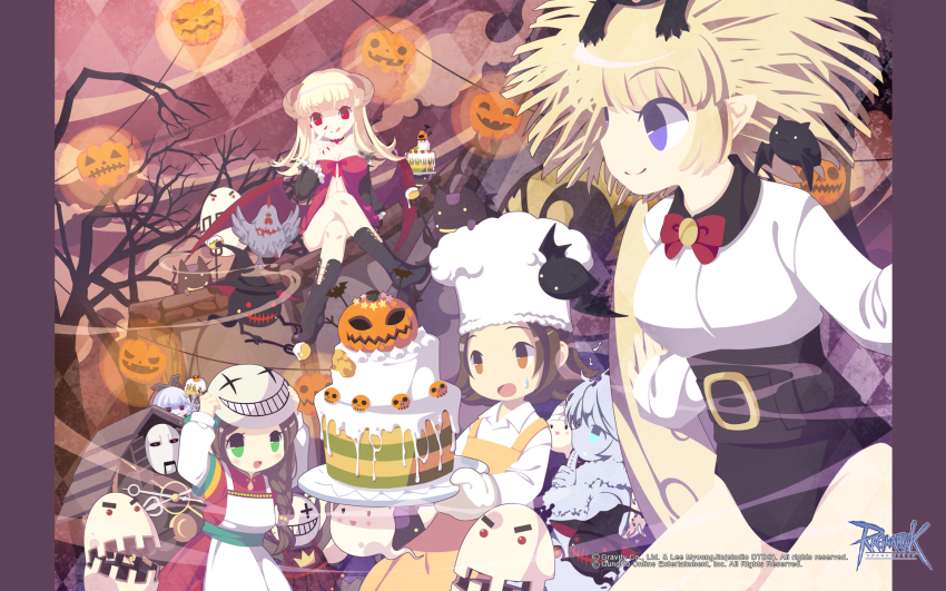 2boys 3girls :q alarm_(ragnarok_online) allegretto_(pixiv) apron babydoll bat_(animal) bird black_footwear black_leotard blonde_hair blue_eyes boots bow bowtie braid breasts brown_eyes brown_hair brown_horns cake character_request chef_hat chicken closed_mouth copyright_notice cowboy_shot creature demon_girl deviruchi eggyra food ghost goblin_(ragnarok_online) goblin_mask green_eyes halloween hat heirozoist highres holding holding_cake holding_food holding_plate horns jack-o&#039;-lantern leotard leotard_under_clothes logo loli_ruri long_hair long_sleeves lude_(ragnarok_online) marionette_(ragnarok_online) masked medium_breasts medium_hair multiple_boys multiple_girls official_art official_wallpaper open_mouth plate pointy_ears pumpkin purple_eyes quve_(ragnarok_online) ragnarok_online red_babydoll red_bow red_bowtie red_eyes red_nails shirt short_hair smile squash_(ragnarok_online) succubus_(ragnarok_online) tongue tongue_out triangular_headpiece white_apron white_shirt yellow_apron