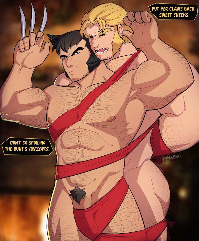 2boys abs absurdres arm_hair arms_up ass ass_hair bara black_hair blonde_hair bound_together chest_hair claw_(weapon) closed_mouth commentary covered_penis cowboy_shot english_commentary english_text facial_hair fangs hairy height_difference highres large_pectorals male_focus male_pubic_hair marvel meme multiple_boys muscular muscular_male naked_ribbon nipples nude_guy_wrapped_in_ribbons_standing_(meme) pectorals pubic_hair ribbon sabertooth_(x-men) short_hair speech_bubble stubble teeth twitter_username vvulfbara weapon wolverine_(x-men) x-men yaoi