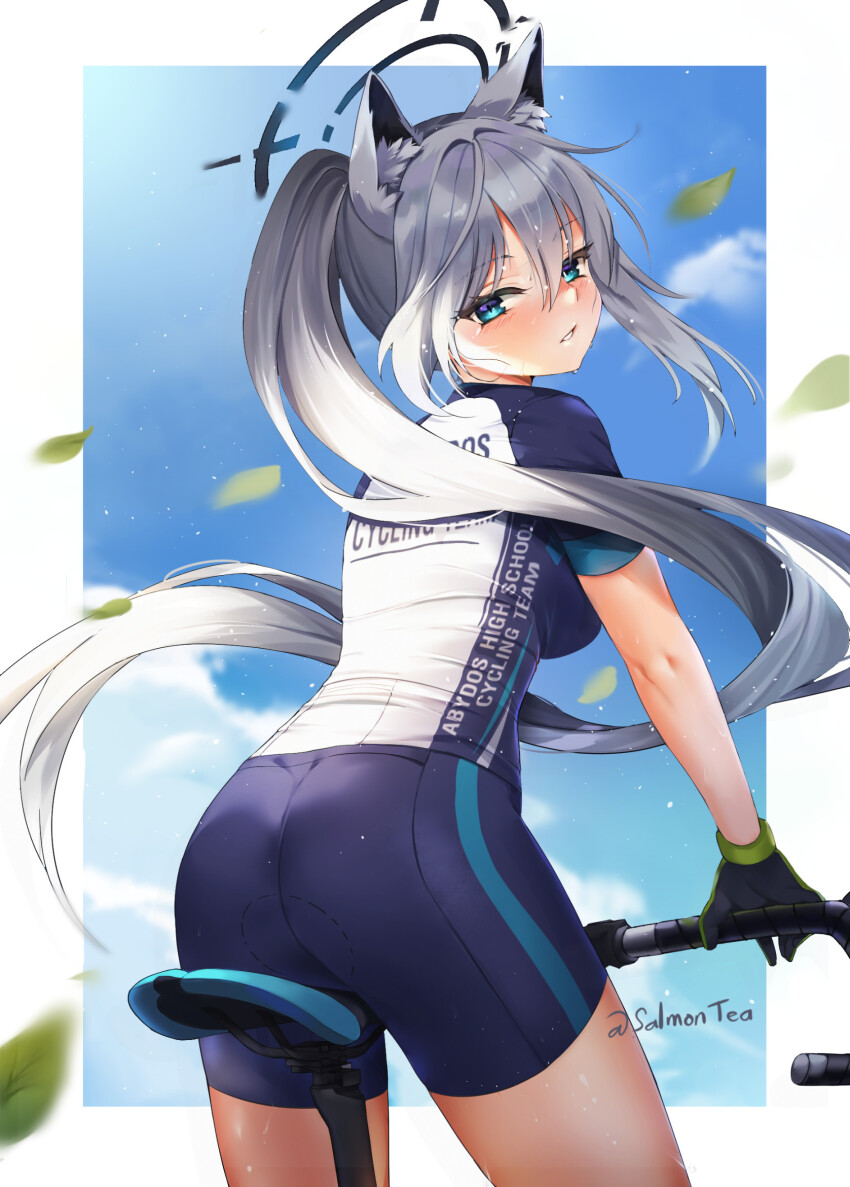 1girl animal_ear_fluff animal_ears bicycle bike_jersey bike_shorts biker_clothes black_gloves black_halo blue_archive blue_eyes blush gloves grey_hair halo highres long_hair looking_at_viewer outdoors ponytail riding riding_bicycle salmontea shiroko_(blue_archive) shiroko_terror_(blue_archive) short_sleeves solo sweat wolf_ears wolf_girl