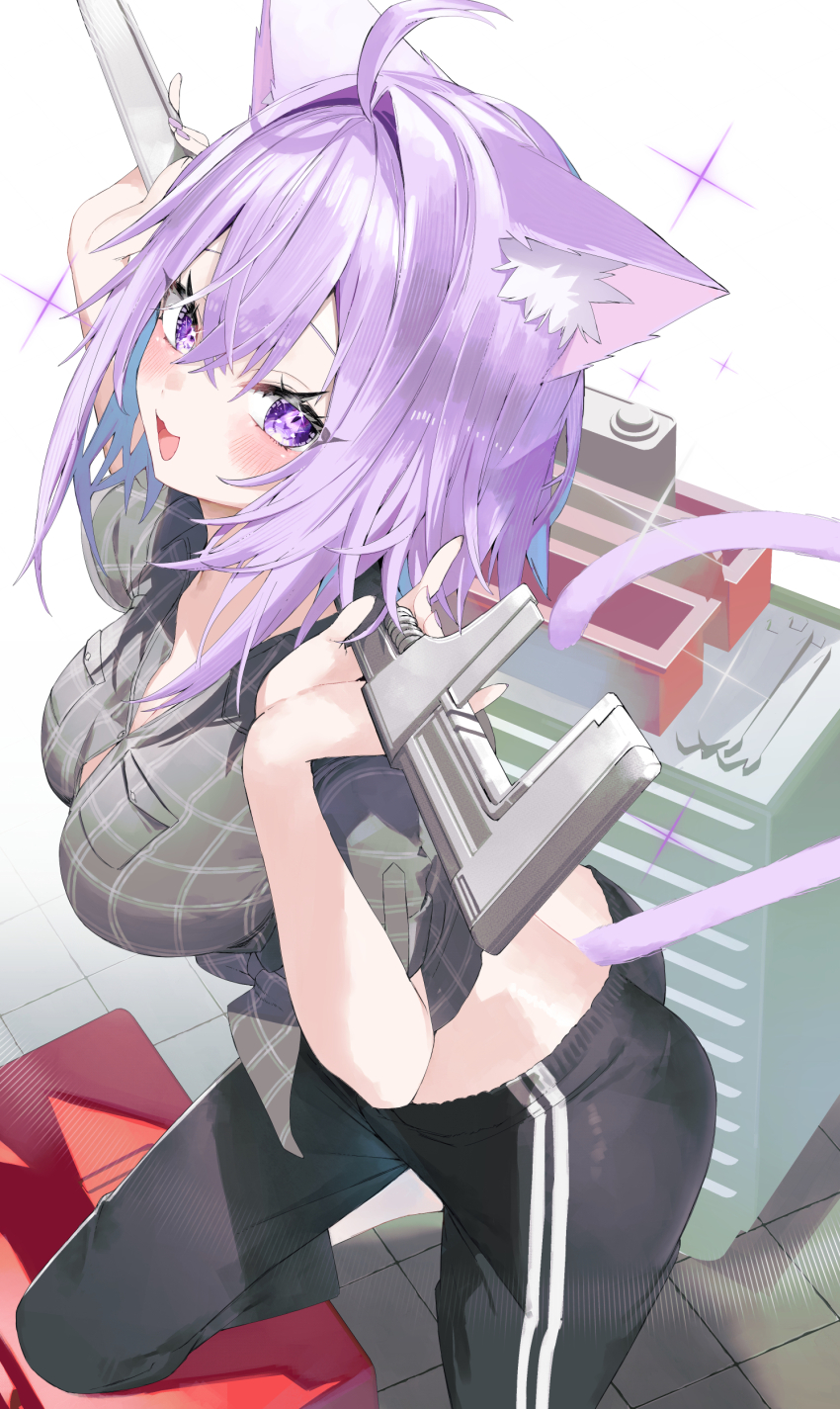 1girl absurdres ahoge alternate_costume animal_ear_fluff animal_ears black_pants blush breasts cat_ears cat_girl crop_top grey_shirt highres holding holding_wrench hololive kamioka_shun&#039;ya large_breasts looking_at_viewer nail_polish nekomata_okayu pants purple_eyes purple_hair purple_nails shirt smile solo toolbox virtual_youtuber wrench