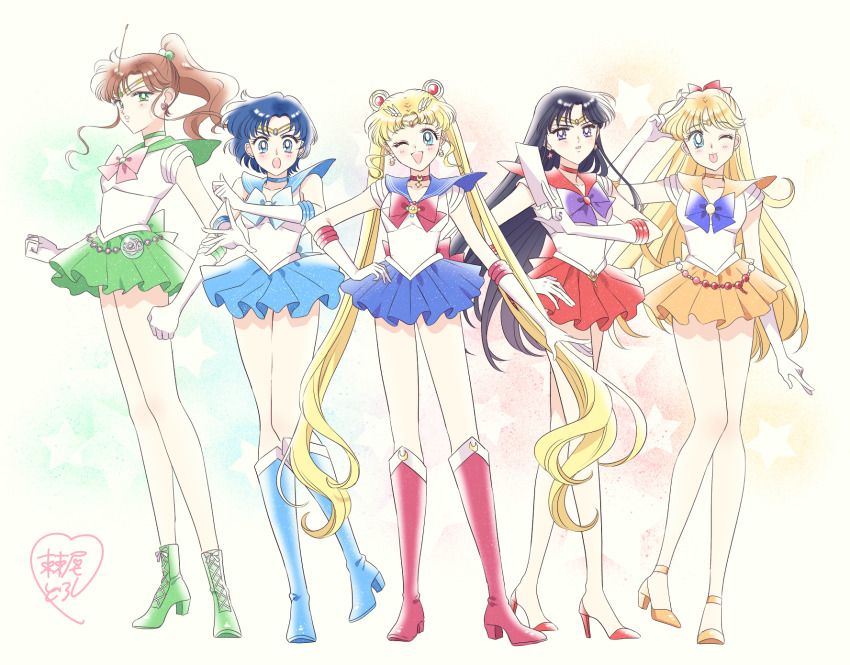 5girls :o ;d ;p aino_minako ankle_boots back_bow bare_legs between_fingers bishoujo_senshi_sailor_moon bishoujo_senshi_sailor_moon_(first_season) black_hair blonde_hair blue_bow blue_choker blue_eyes blue_footwear blue_hair blue_sailor_collar blue_skirt boots bow brooch brown_hair choker circlet clenched_hands crescent_choker curly_sidelocks double_bun earrings elbow_gloves flower_earrings gloves green_bow green_choker green_eyes green_footwear green_sailor_collar green_skirt hair_bobbles hair_bow hair_bun hair_ornament hairpin hand_on_own_hip high_heels high_ponytail highres hino_rei holding inner_senshi jewelry kino_makoto knee_boots knees_together_feet_apart legs_apart legs_together long_hair looking_at_viewer loveodoro magical_girl medium_hair miniskirt mizuno_ami multicolored_background multiple_girls official_style ofuda one_eye_closed open_mouth orange_choker orange_footwear orange_sailor_collar orange_skirt pink_bow pleated_skirt purple_bow purple_eyes red_bow red_choker red_footwear red_sailor_collar red_skirt rose_belt_(sailor_moon) sailor_collar sailor_jupiter sailor_mars sailor_mercury sailor_moon sailor_senshi sailor_senshi_uniform sailor_venus shoes short_hair signature skirt smile star_(symbol) star_earrings star_symbol_background strappy_heels takeuchi_naoko_(style) tongue tongue_out transformation_brooch_(sailor_moon) tsukino_usagi twintails venus_chain_(sailor_moon) white_gloves yellow_bow