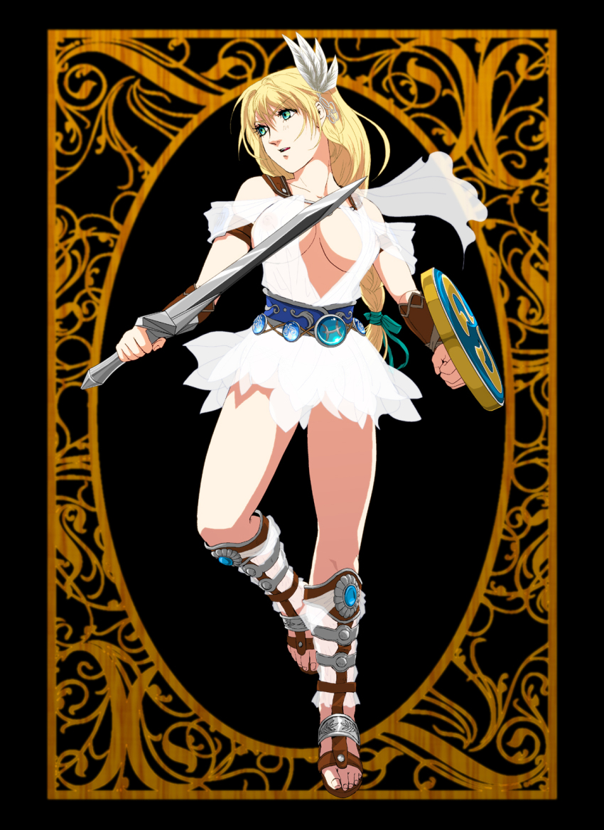 1girl belt blonde_hair blonde_twist boots braid breasts center_opening cleavage covered_erect_nipples elk_shield female_focus gladiator_sandals goddess_bracelet goddess_guards goddess_headdress goddess_robe green_eyes hair_ornament highres jewelry large_breasts legs long_hair namco nipples omega_sword ooyama_(o-yama) sandals see-through_clothes shield skirt solo sophitia_alexandra soul_calibur soulcalibur soulcalibur_iv sword thighs vambraces weapon