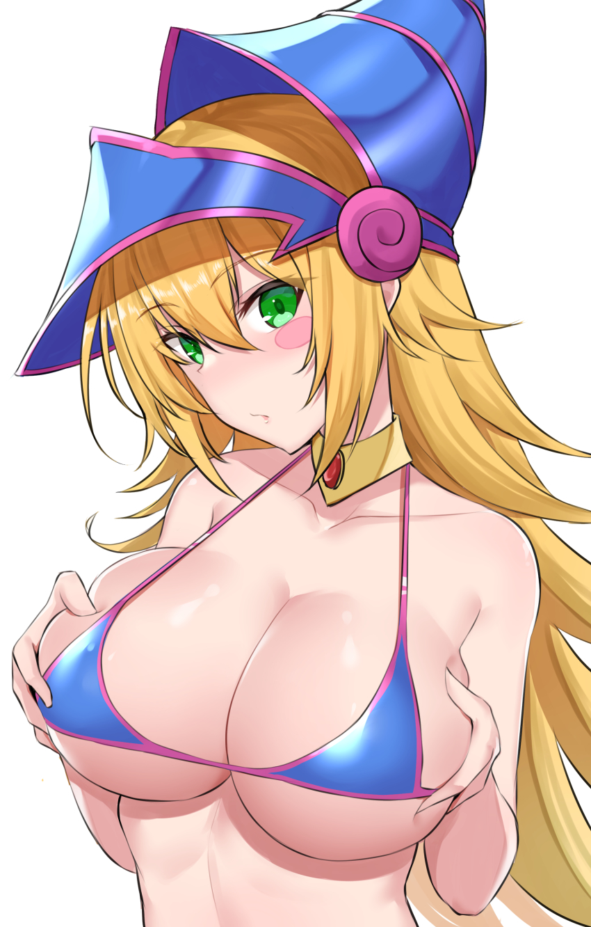 1girl absurdres bare_shoulders bikini blonde_hair blue_bikini blush blush_stickers breasts choker cleavage collarbone dark_magician_girl green_eyes hat highres kirikan_(cokekiri) large_breasts long_hair looking_at_viewer simple_background solo swimsuit upper_body white_background wizard_hat yu-gi-oh!