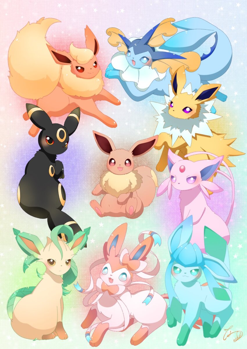 animal_ears animal_hands blue_eyes blush brown_eyes commentary_request creatures_(company) eevee espeon evolutionary_line flareon full_body game_freak gen_1_pokemon gen_2_pokemon gen_4_pokemon gen_6_pokemon glaceon highres jolteon jumping leafeon natsuneko nintendo no_humans pawpads pokemon pokemon_(creature) purple_eyes red_eyes sitting sylveon tail umbreon vaporeon