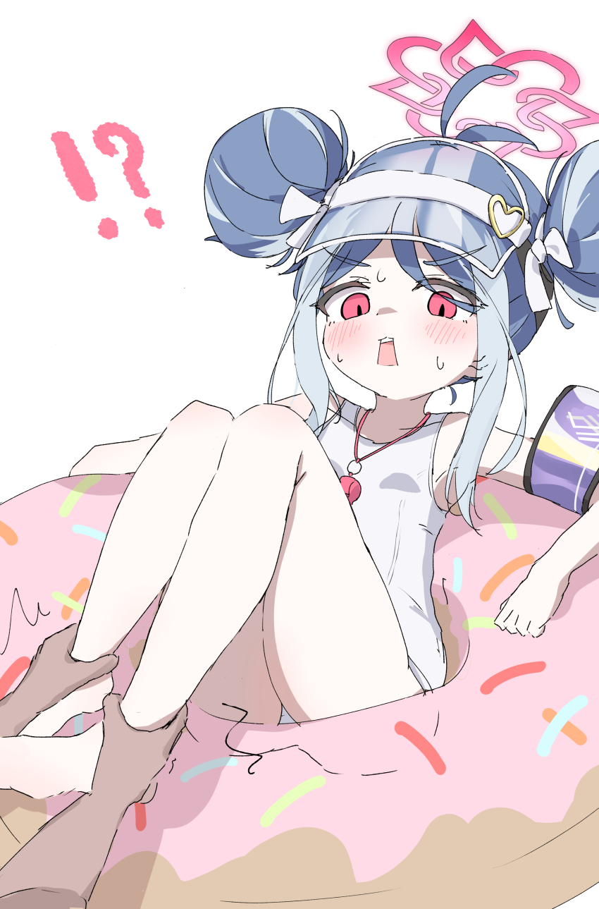 !? 1girl 1other absurdres ankle_grab antenna_hair bare_legs barefoot blue_archive blue_hair blush breasts commentary_request double_bun doughnut_innertube fubuki_(blue_archive) fubuki_(swimsuit)_(blue_archive) grey_hair hair_bun halo highres knees_up lying multicolored_hair natsukari_na one-piece_swimsuit open_mouth pink_halo purple_armband red_eyes school_swimsuit short_hair simple_background small_breasts solo_focus streaked_hair sweatdrop swimsuit visor_cap whistle whistle_around_neck white_background white_one-piece_swimsuit